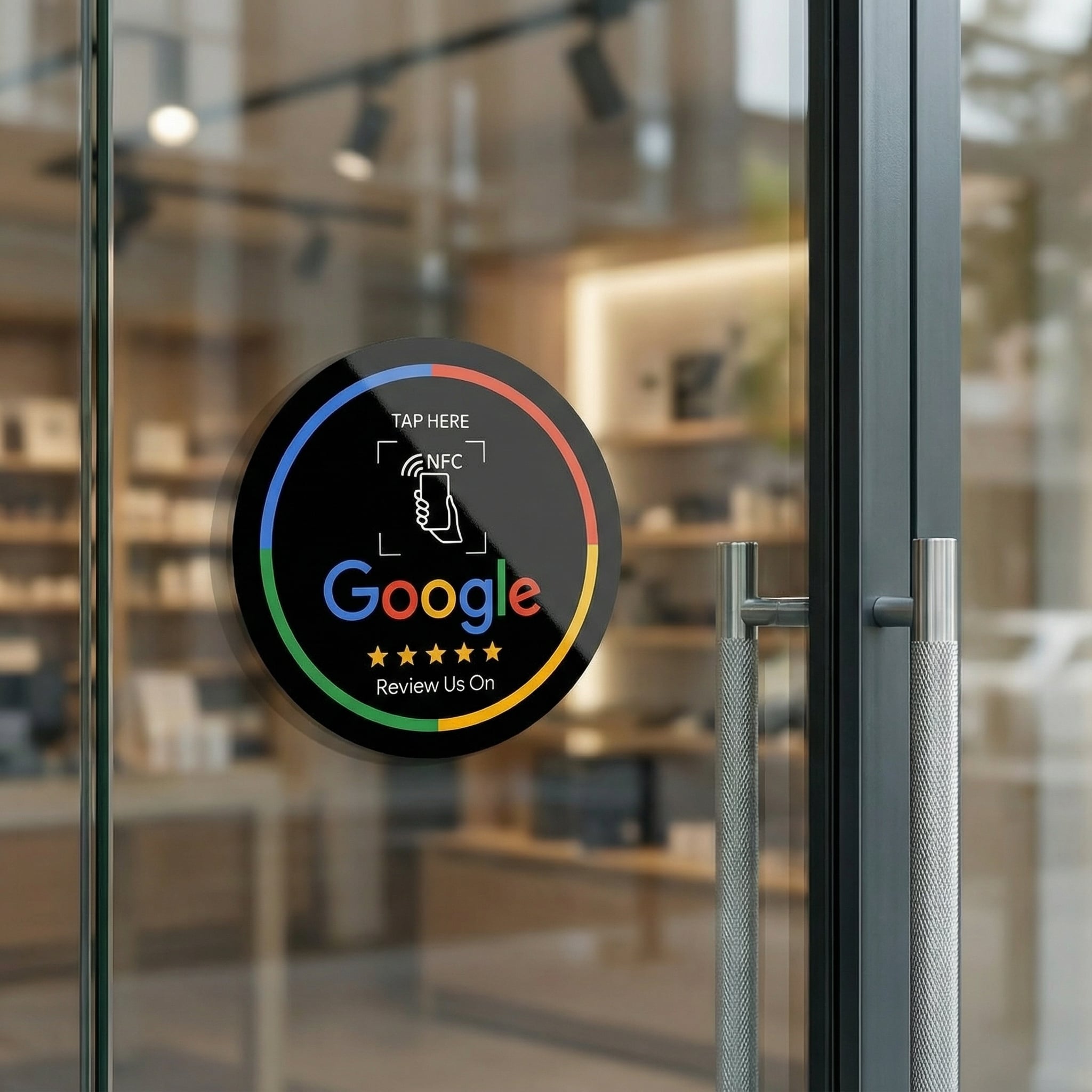Black NFC Google Review Sticker on glass door