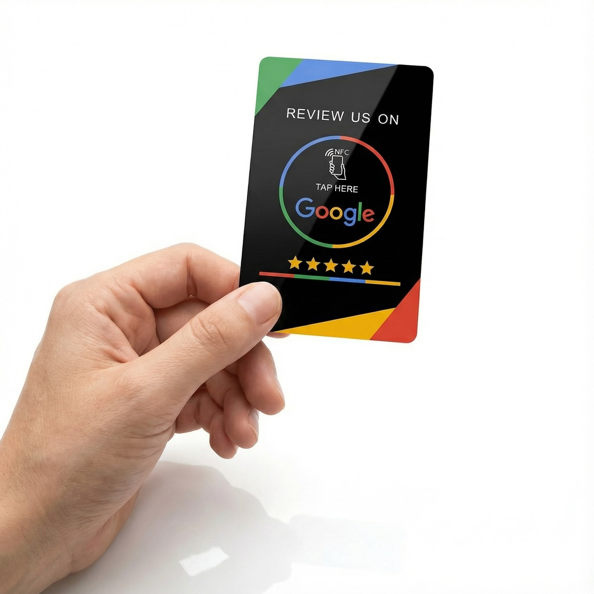 Black NFC Google Review Card in hand