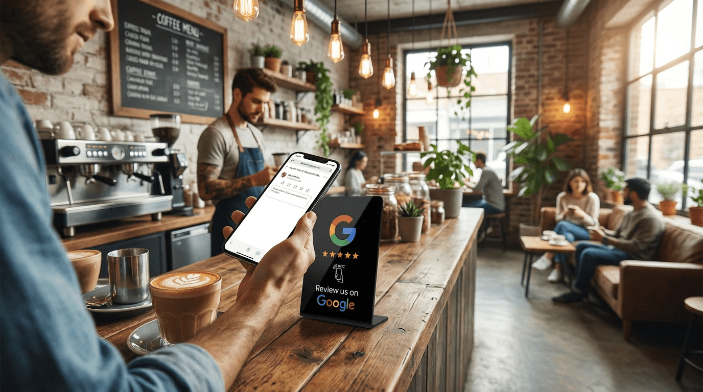 Tap for Growth stand in use at a coffee shop