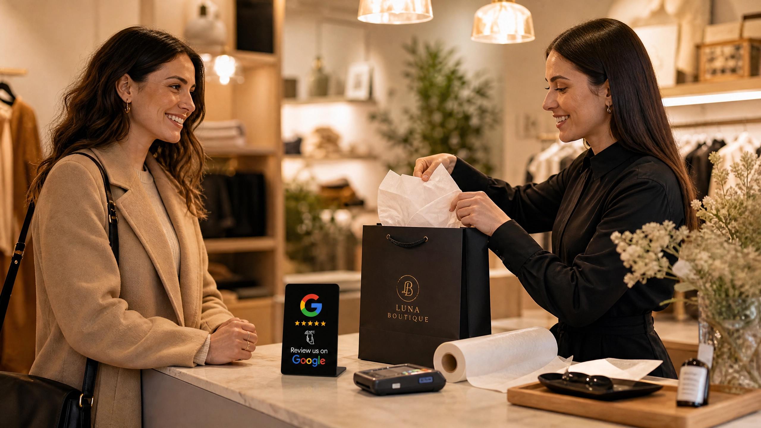 A boutique customer receives a beautifully wrapped purchase with a Google review NFC stand on the counter.