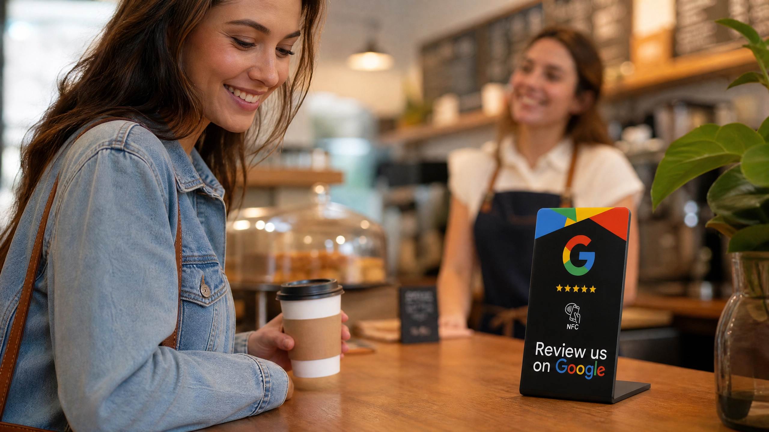 A happy customer picks up her coffee at a cafe counter with a Google review NFC stand beside her.