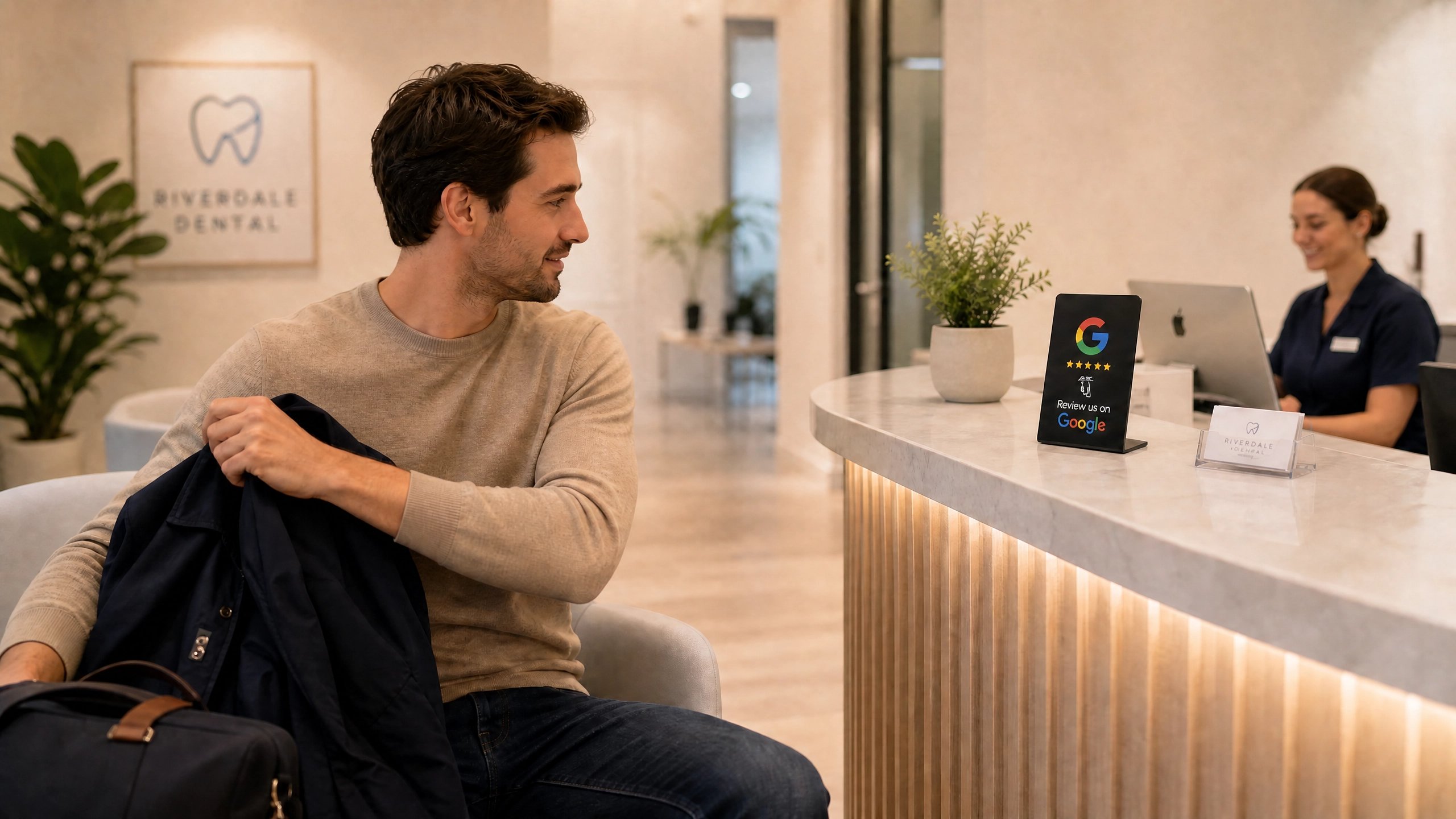 A relaxed patient at a dental clinic reception desk, with a Google review NFC stand on the counter.