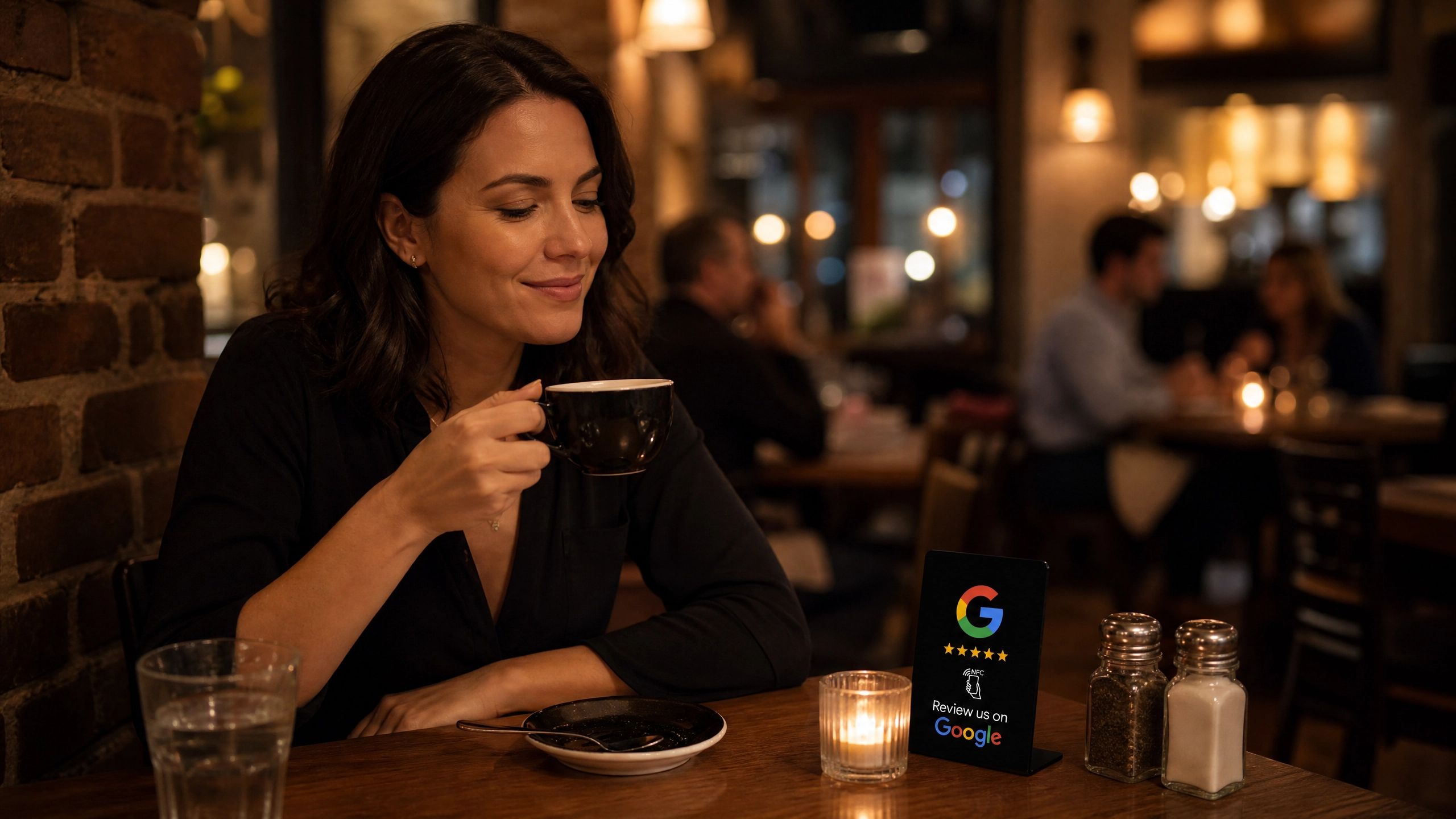 A woman savours a coffee at a candlelit restaurant table with a Google review NFC stand beside her.