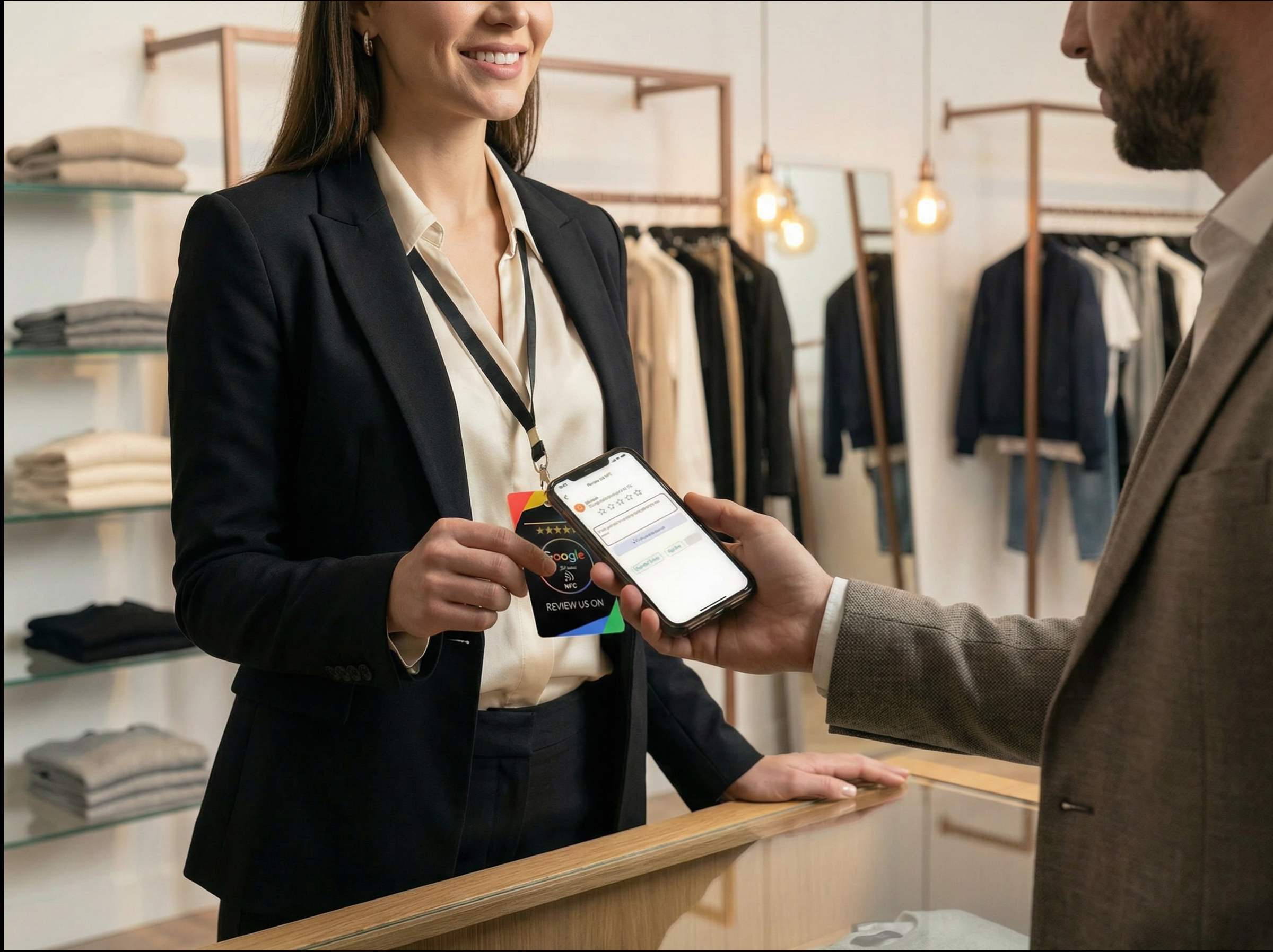 Retail associate with NFC card collecting review from customer at boutique store