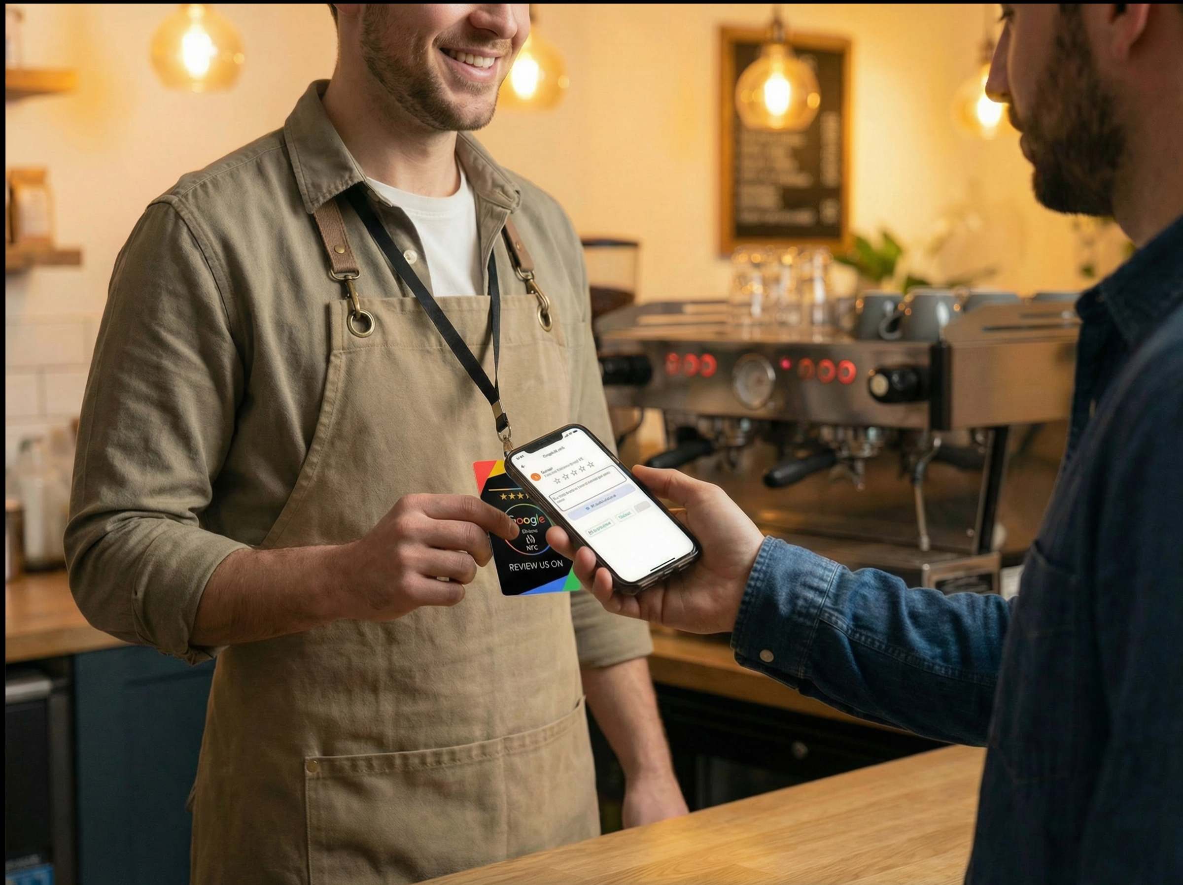Barista with NFC card on lanyard collecting Google review from customer