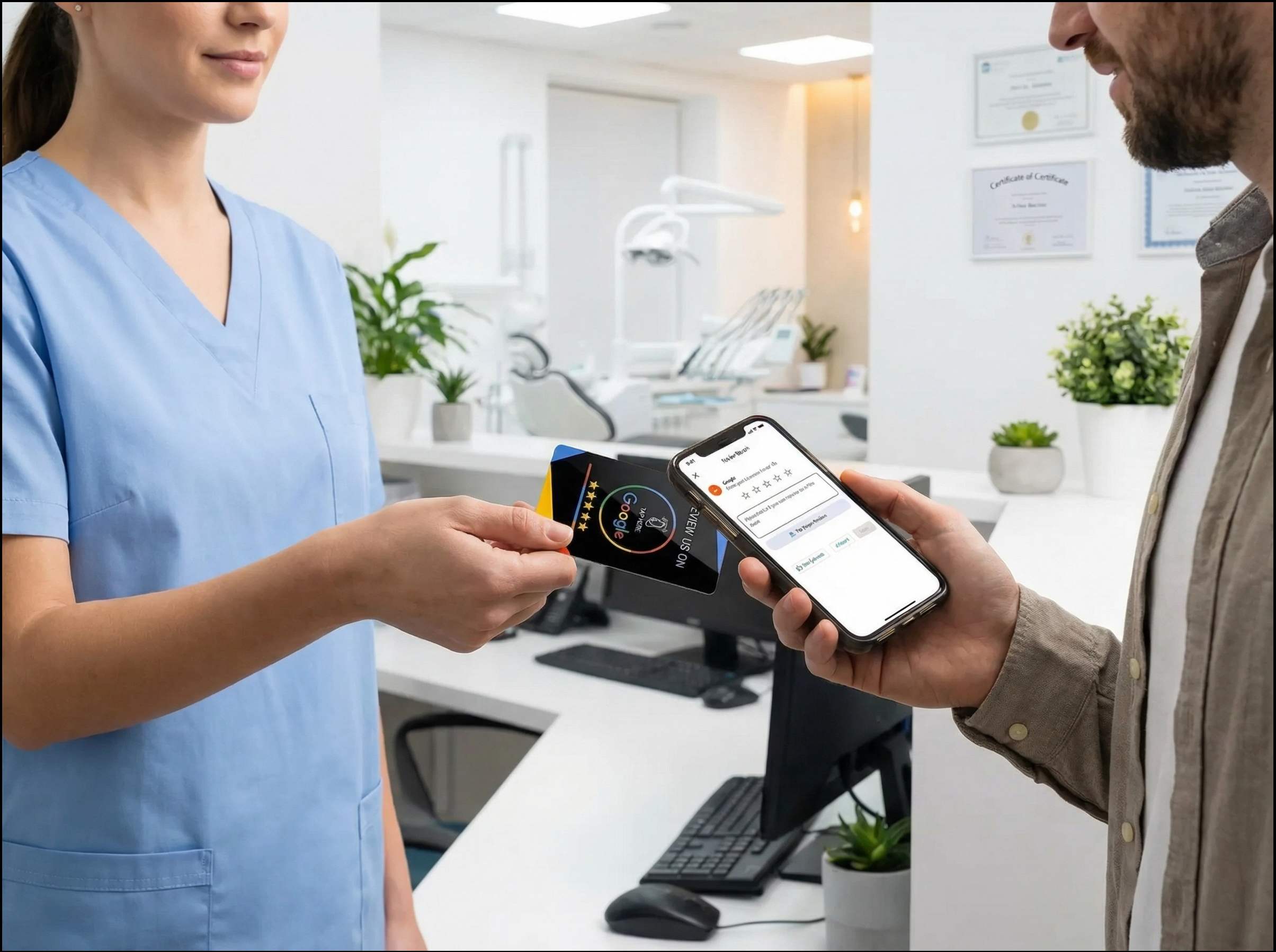 Dental clinic staff collecting Google review from patient with NFC card