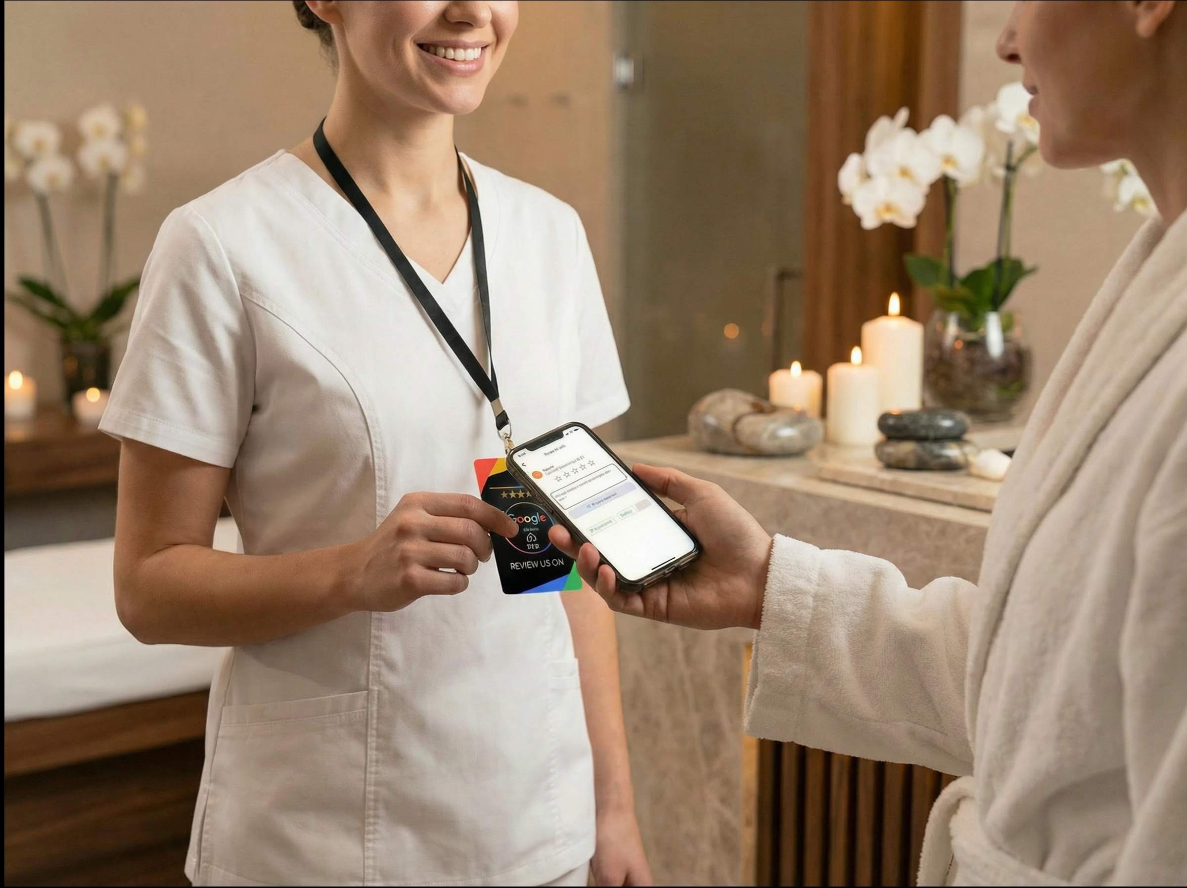 Spa therapist collecting Google review from client with NFC card