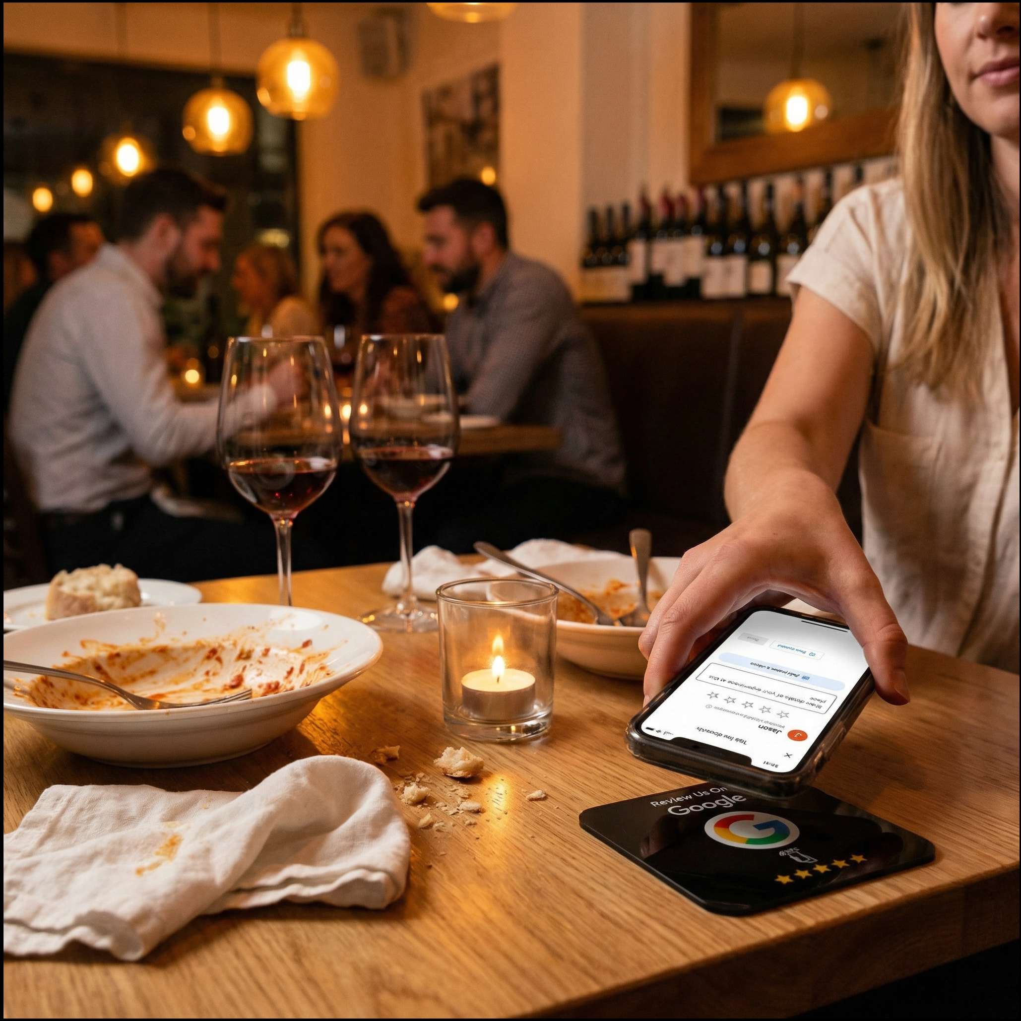 Guest tapping phone on NFC review plate at an upscale dinner with wine and candlelight