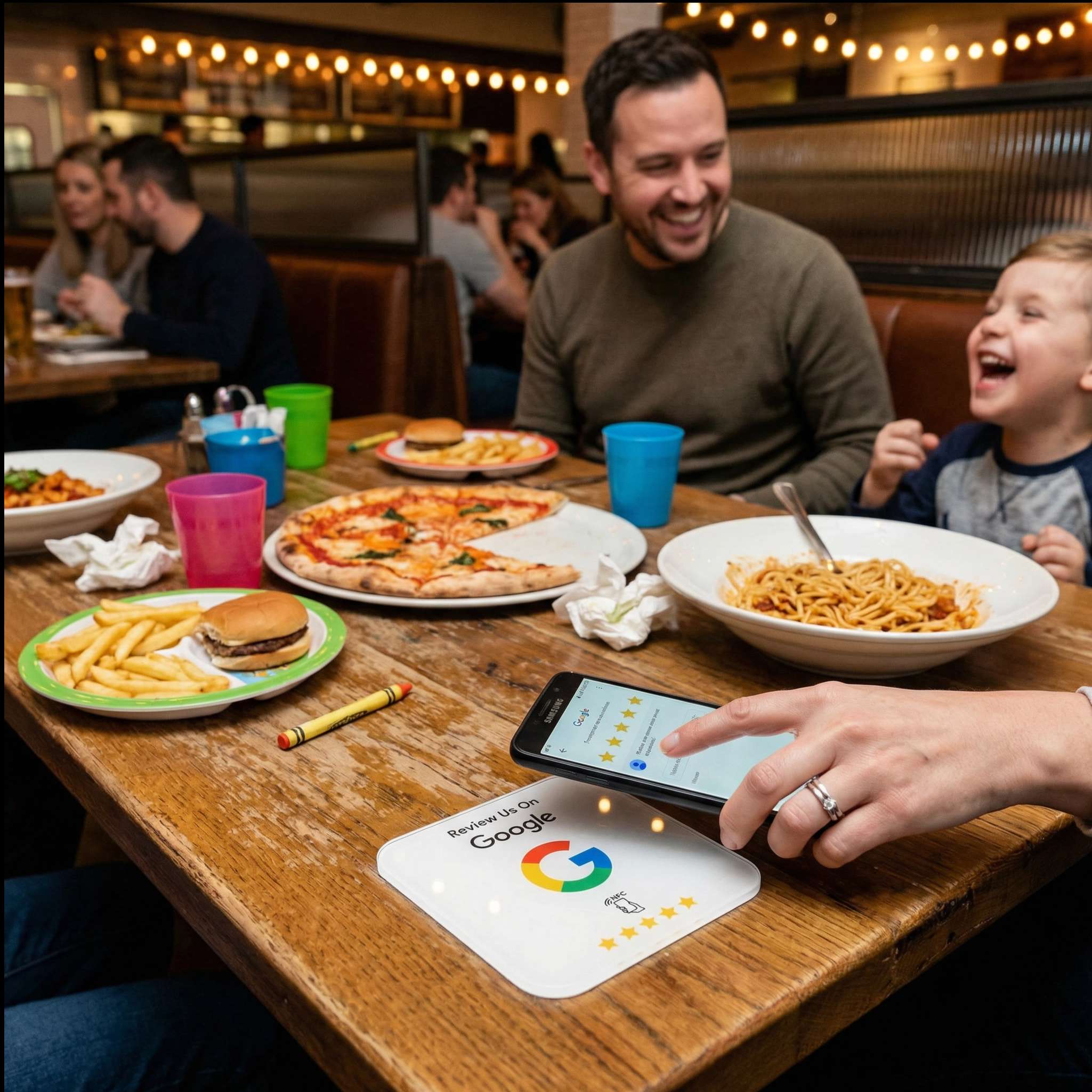 Family using NFC review plate at a restaurant, tapping phone to leave a Google review