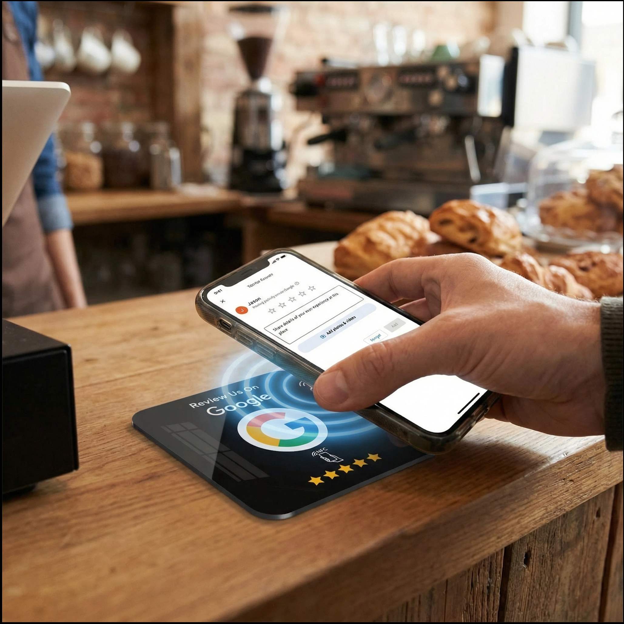Customer tapping phone on NFC review plate with Google review opening