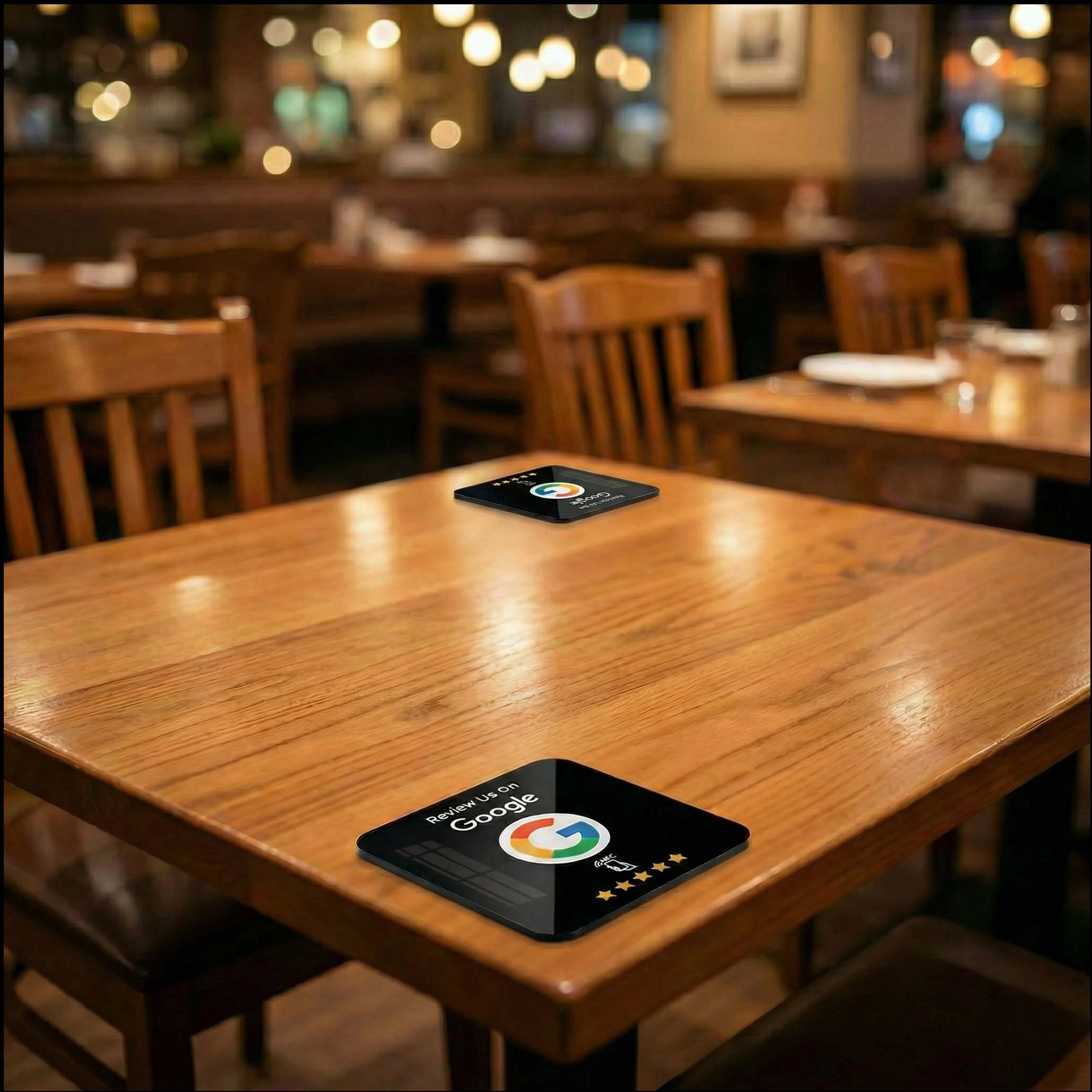Black NFC review plates deployed across restaurant tables with ambient lighting