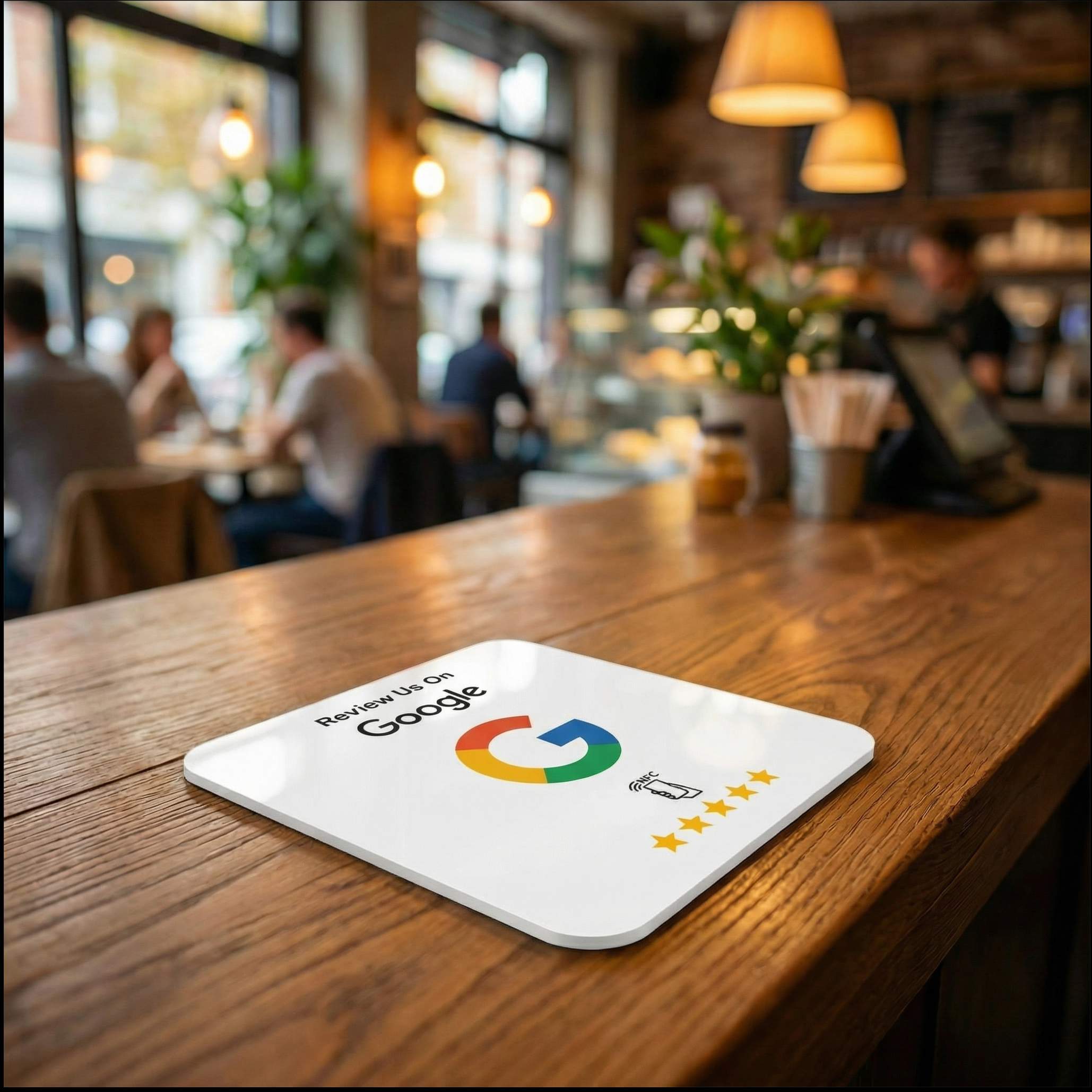 White NFC review plate on a cafe counter, inviting customers to tap